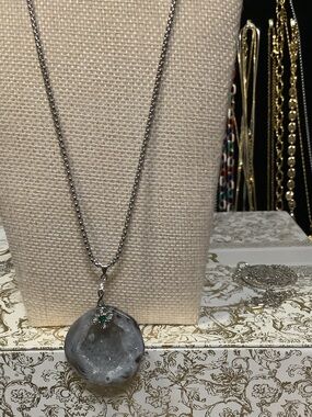 Gray Geode Pendant Necklace with Green Accent -